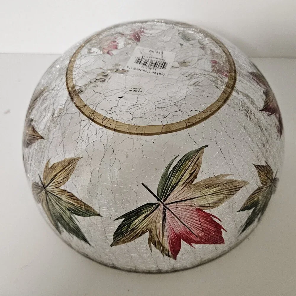 Yankee Candle Large Bowl Crackle Glass Holiday Fall Maple Leaves 9.75‎ inches